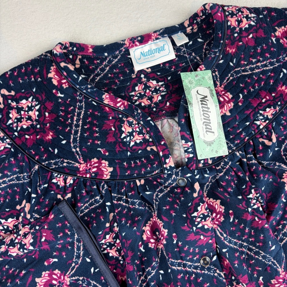 National Womens Nightgown Size Large Soft Navy Fleece Sleepwear Midi Lounge Cozy